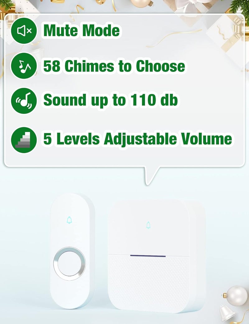 Aida Lighted Wireless Doorbell for Home, Waterproof Battery Doorbell 1,000ft Range, 5 Volume Levels with 58 Doorbell Chimes & LED Flash (White, Doorbell with 1 Button & 1 Receiver) - Image 3